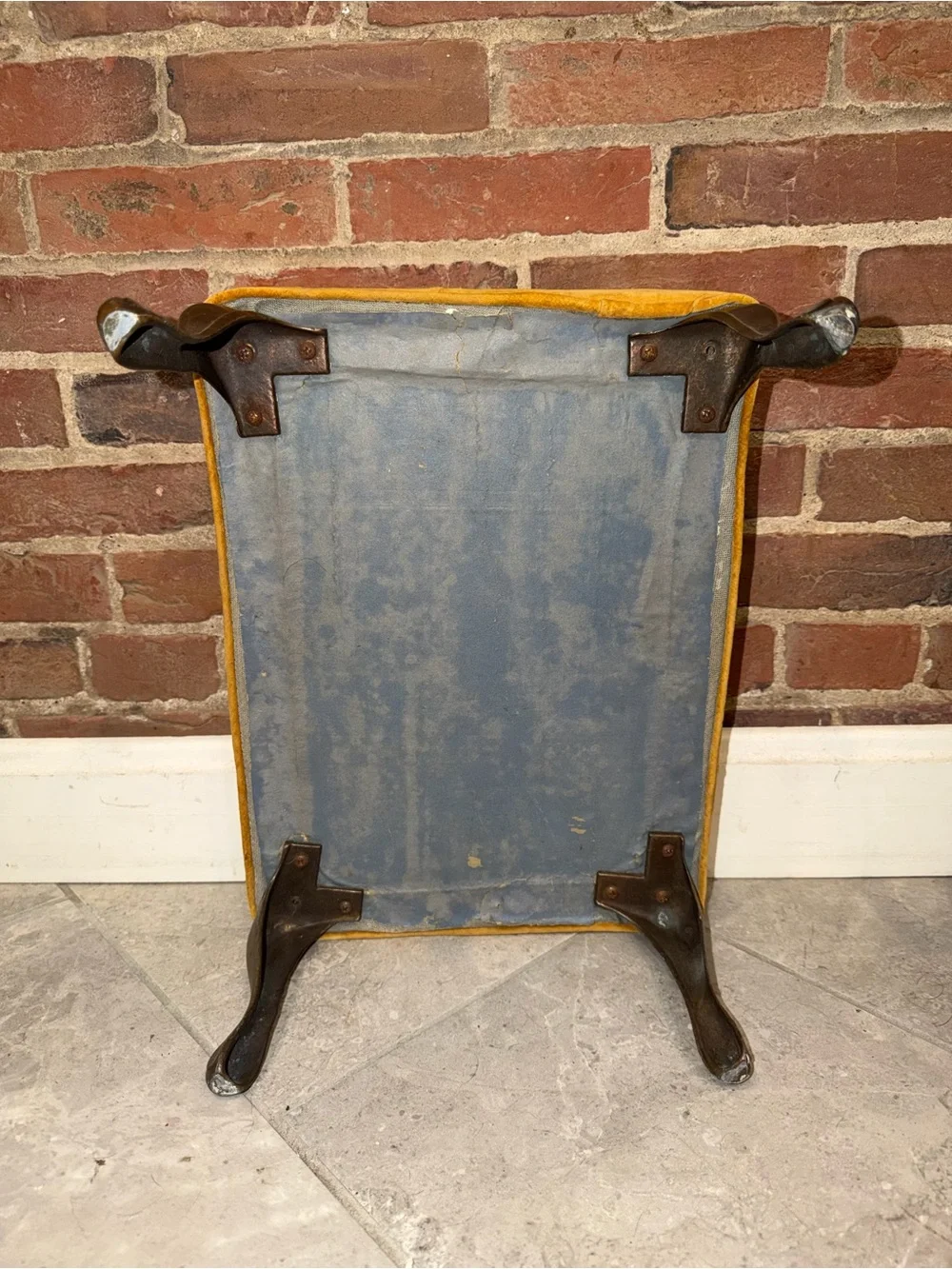 MCM‎ Small Gold Cut Velvet Brass Leg Footstool Ottoman